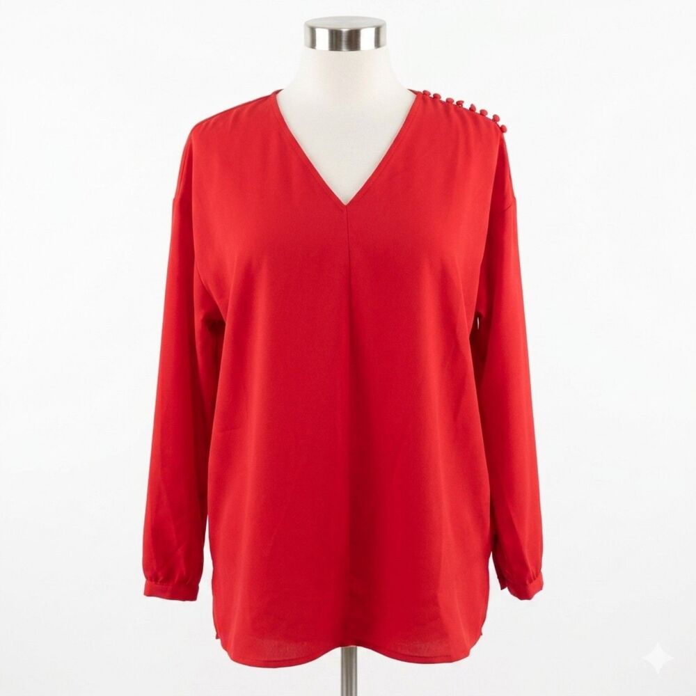 Lands End Womens Top Size 16 Red Pullover V-Neck Long Sleeve Button Accents
